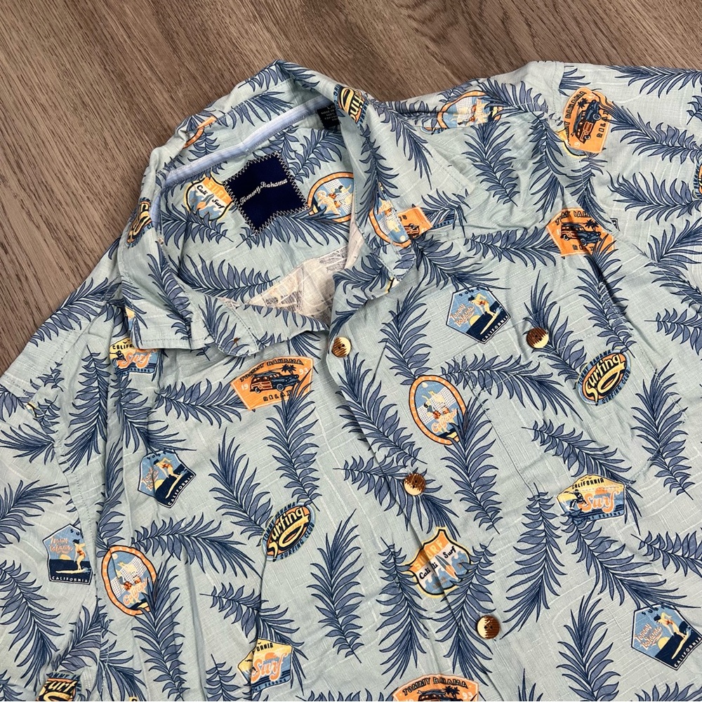 Men's Tommy Bahama 100% Silk Button Up SS Hawaiian Camp Shirt‎ Surf Patches Sz L